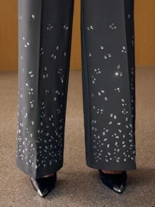 MOTF PREMIUM Pantalones de traje de pierna ancha con detalle de strass en la costura delantera, sin cinturón - Gris Oscuro - Ver 3