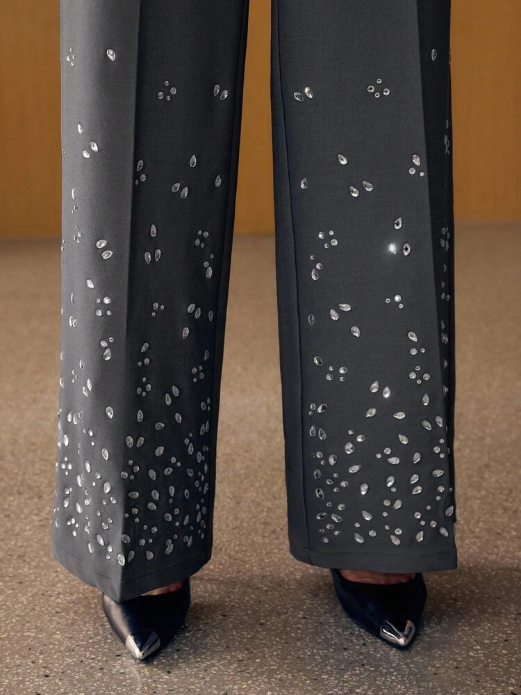 RHINESTONE DETAIL SEAM FRONT WIDE LEG SUIT PANTS WITHOUT BELT