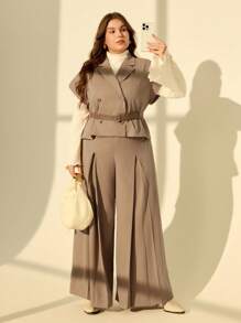 SHEIN MOD 加大码咖啡棕色盖袖翻领前开皮带纽扣西装外套，短款风衣背心 - 咖啡棕 - 查看 3