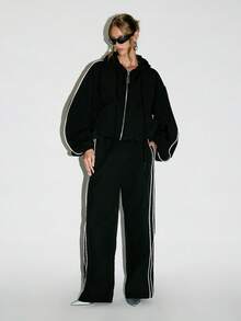 KIZN 反光条纹防风运动夹克拉链连帽衫冬季休闲街头风外套带侧袋柔软毛绒夹克 - 黑色 - 查看 3