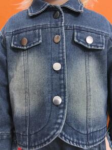 SHEIN Young Girl Casual Fashion Long Sleeve Single-Breasted Jacket And Jeans Pants Set Fall Winter - Blue - View 4