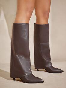 SHUZIA Botas altas hasta la rodilla de mujer con punta afilada, tacón de aguja y pliegue en la pantorrilla, de estilo sexy y a la moda - Marrón Chocolate - Ver 4