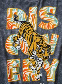Discovery X SHEIN 青少年男童休闲老虎图案圆领短袖宽松T恤，夏季