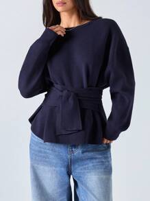 LYSMO 2025秋冬新款/女士纯色圆领落肩长袖腰带休闲毛衣/秋季女装/秋季女装/秋季上衣/冬季女装/返校季/返校季/返校季女装/校园上衣/返校节/万圣节/万圣节/万圣节女装/万圣节服装/万圣节服装/圣诞节/教师/外出女装/约会女装/外出上衣/商务休闲女装/哥特女装/基础款上衣/韩版/波西米亚风/Y2K/藏蓝色，女士毛衣 - 黑色 - 查看 5