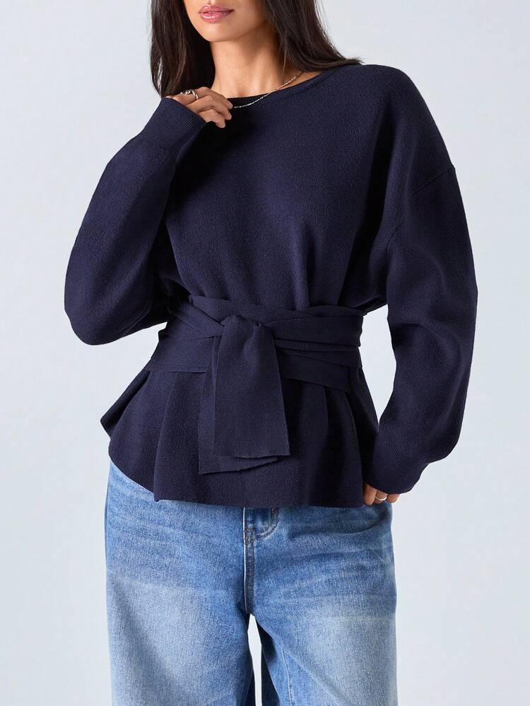 LYSMO 女士纯色圆领落肩长袖腰系带休闲毛衣 - 黑色 - 查看 5