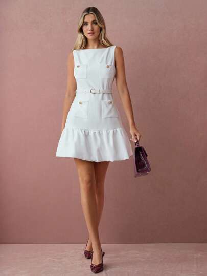 Enchnt Fall/Winter Romantic Women's White Metal Buttons Decor Sleeveless Bubble Hem Cute Mini Dress With Belt,Sweet&Elegant For Vacation&Date&Holiday&Birthday&Party&Graduation&Wedding Guest&Office&Going Out&Halloween&Christmas,Autumn Dresses For Women,Fall Clothes For Women,Autumn Outfits For Women,Back To School
