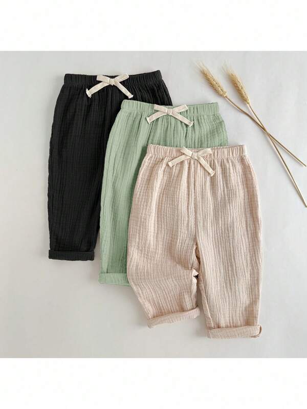Loomiva 3pcs Baby Boy Colorblock Bow Decor Elastic Waist Casual Pants Set Baby Trousers Toddler Linen Pants Baby Boy Cotton Gauze Pants Fall