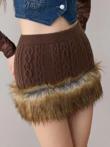 ROMWE J-Fashion Minifalda de suéter con parches de punto trenzado, borde esponjoso y versátil estilo Y2K