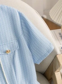 Franclia 大码女式圆领单排扣优雅粗花呢短袖连衣裙 - 藍色 - 查看 4