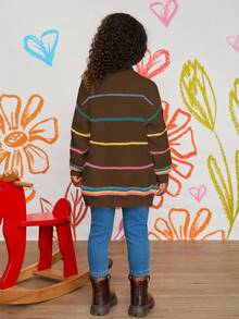 Cardigan casual solto listrado colorido para meninas Cardigan marrom para meninas Cardigan listrado para meninas Cardigan de malha infantil Cardigan para meninas Cardigan com botões para meninas no outono/inverno - Castanho - Ver 2