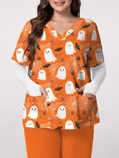 PopScrub Plus Size Women Summer V-Neck Short Sleeve Cartoon Ghost, Pumpkin, Spider Web, Bat Print Casual Nurse Scrub Uniform Top, Halloween Halloween Scrub Top Halloween Scrubs Women Halloween Scrubs Nurse Halloween Scrubs Scrubs Halloween