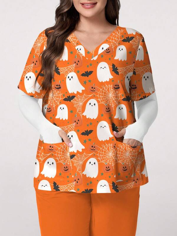 PopScrub Plus Size Women Summer V-Neck Short Sleeve Cartoon Ghost, Pumpkin, Spider Web, Bat Print Casual Nurse Scrub Uniform Top, Halloween Halloween Scrub Top Halloween Scrubs Women Halloween Scrubs Nurse Halloween Scrubs Scrubs Halloween
