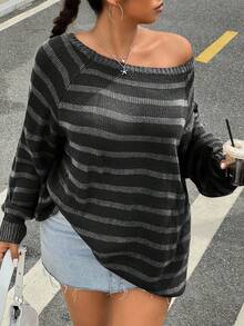 SHEIN EZwear 大码条纹插肩长袖休闲毛衣，秋冬