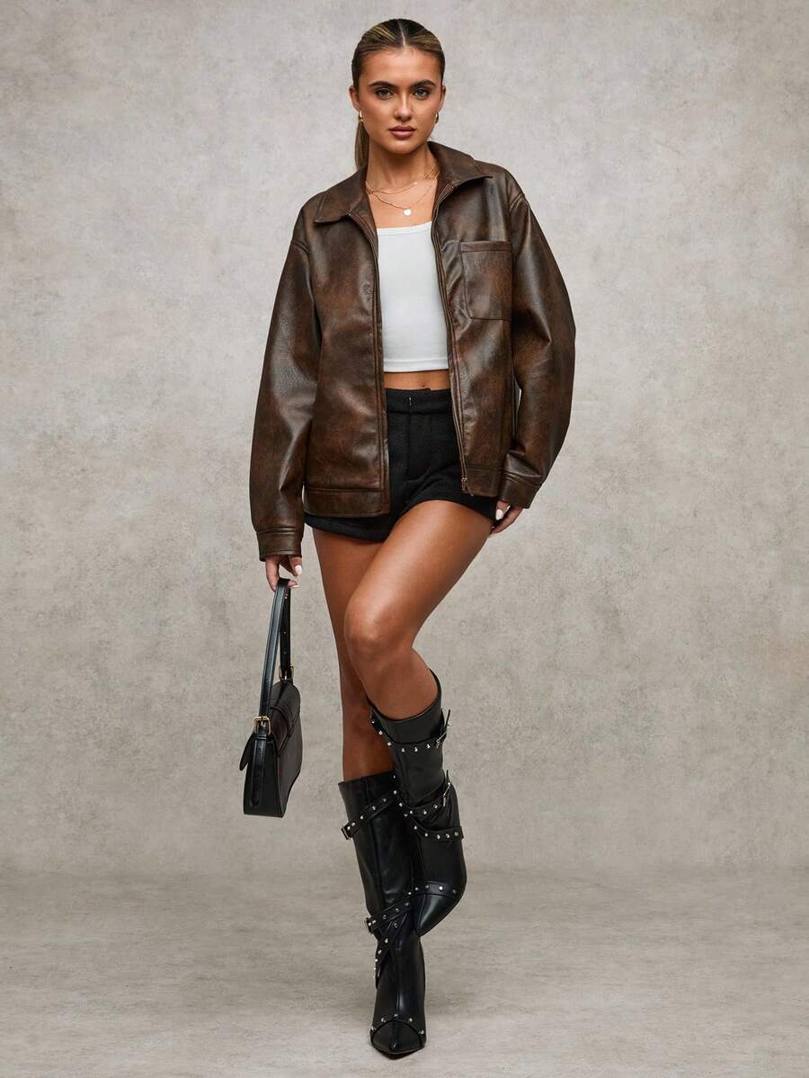 SHEIN BAE Damen einfarbige Reißverschluss Lässig vielseitige Langarm Jacke, braune Kunstleder Jacke mit melierter Textur, Gürtel am Saum, Bikerjacke im Vintage-Look, Winterjacke für Damen