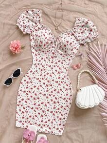 Soleia 碎花前打結褶邊泡泡袖緊身連衣裙 - 彩色 - 查看 7