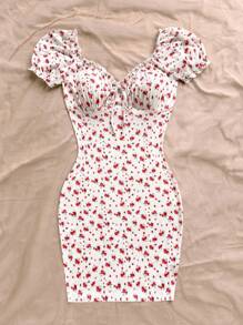 Soleia 碎花前打結褶邊泡泡袖緊身連衣裙 - 彩色 - 查看 8