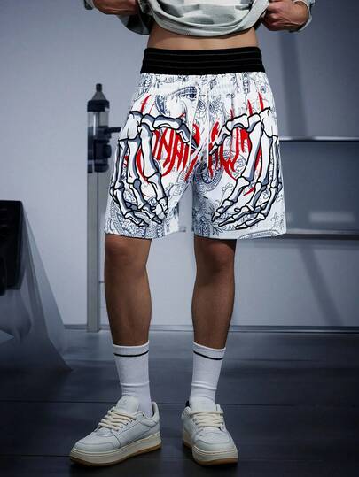 Goth Shorts de verano para hombre con estampado de calavera de mano, cordón en la cintura y doble cintura