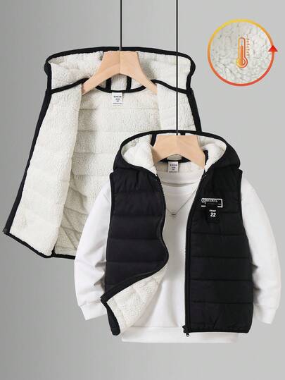 SHEIN Kids/Young Boy Casual Everyday Versatile Comfortable Patch Decor Sleeveless Loose Thick Padded Vest Jacket, Suitable For Commuting, School, Casual, Travel, Sports, Autumn/Winter Fall
