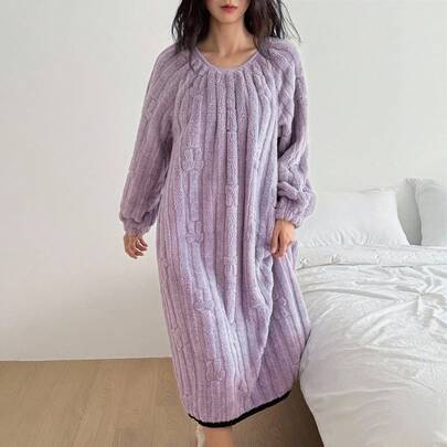 여성용 루즈핏 보우 플러시 텍스처 플란넬 잠옷, 겨울 잠옷, 가을