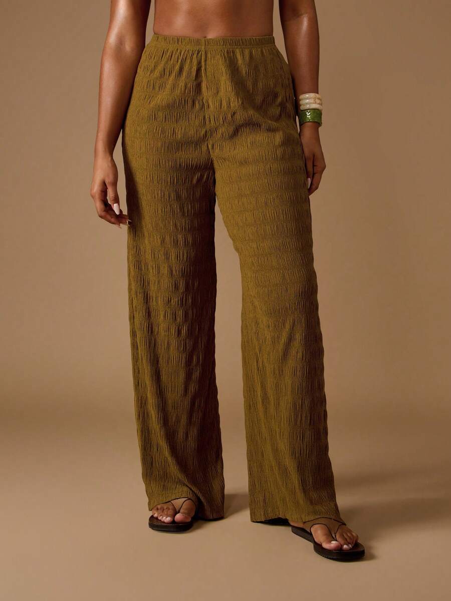 MISSGUIDED Pantalones de pierna ancha con textura, cintura elástica, ropa de playa y resort, ropa de estar en casa de vacaciones, estilo palazzo, pantalones de verano para festivales, ropa de vestir casual para vacaciones