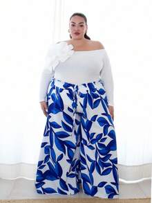 Pretty and Ole Plus Size All-Over Print Belt Tie Waist Wide Leg Pants - Blue - View 1