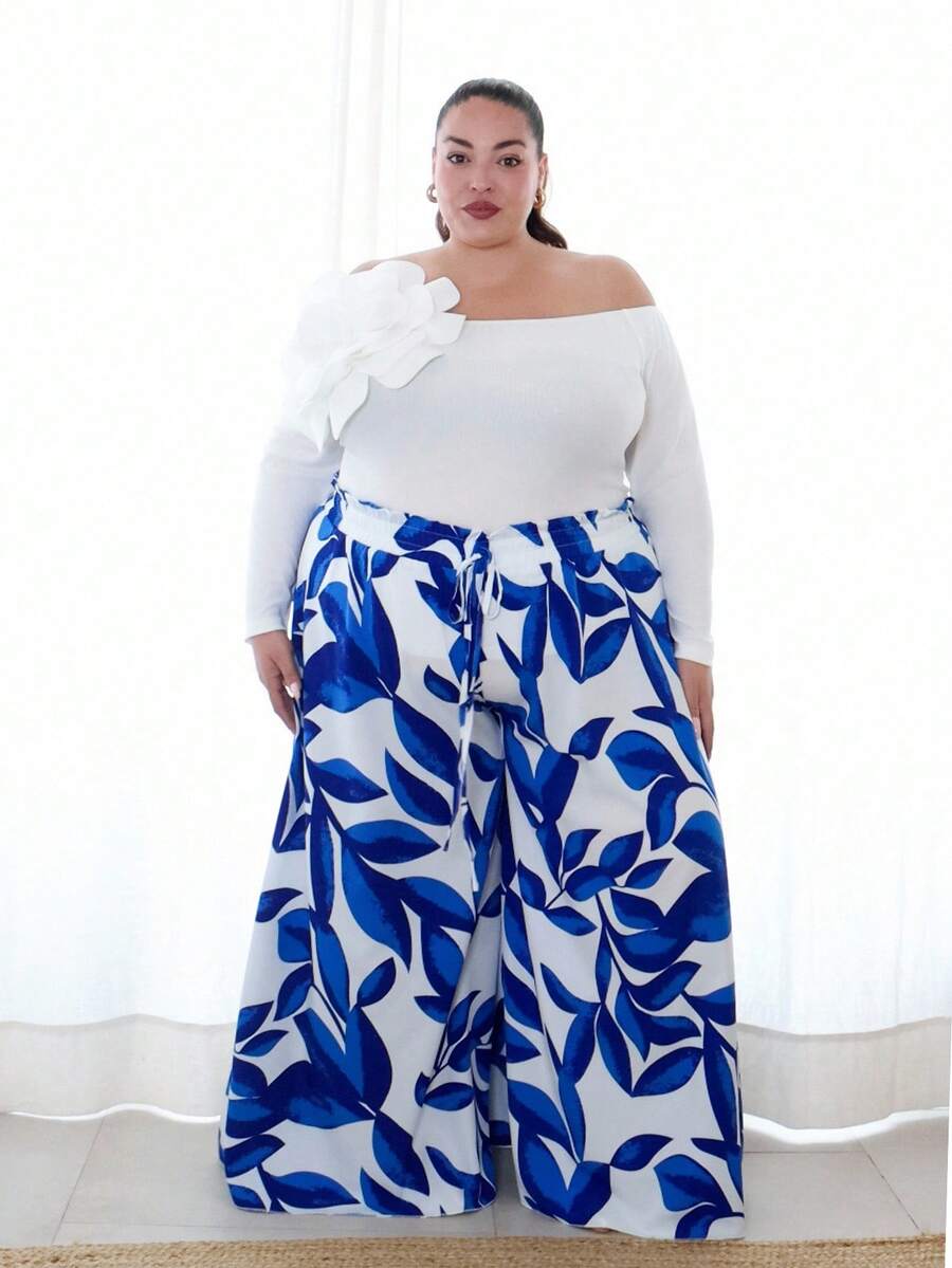 Pretty and Ole Plus Size All-Over Print Belt Tie Waist Wide Leg Pants - Blue - View 1