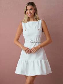 Enchnt Fall/Winter Romantic Women's White Metal Buttons Decor Sleeveless Bubble Hem Cute Mini Dress With Belt,Sweet&Elegant For Vacation&Date&Holiday&Birthday&Party&Graduation&Wedding Guest&Office&Going Out&Halloween&Christmas,Autumn Dresses For Women,Fall Clothes For Women,Autumn Outfits For Women,Back To School - White - View 3