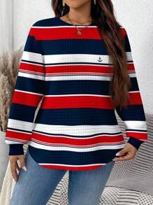 EMERY ROSE 休闲简约大码运动衫，海军蓝风格蓝白红条纹印花华夫格面料圆领宽松弧形下摆，适合家居服，女式秋季服装条纹长袖上衣红白蓝条纹上衣女式航海上衣红白蓝上衣女式航海上衣锚上衣 - 彩色 - 查看 4
