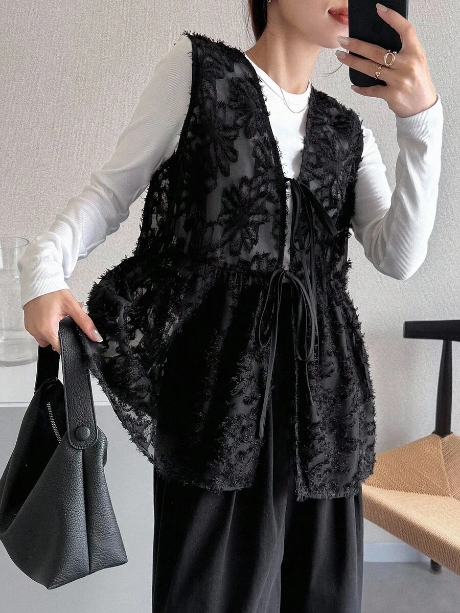 FRIFUL 女士V领纹理宽松无袖背心外套黑色背心女款黑色背心黑色系带背心薄纱黑色背心背心上衣女式外套 - 黑色 - 查看 1