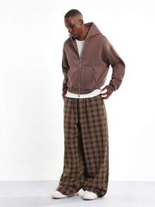 SUMWON 阔腿格子裤高腰宽松格纹裤超大冬季秋季时尚复古风格经典棕色图案 - 彩色 - 查看 3