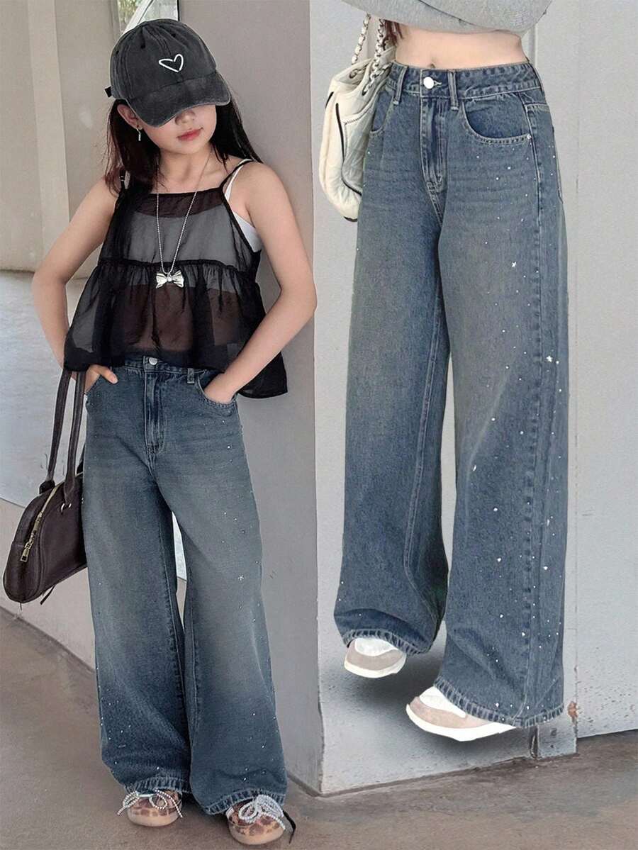 Dazy Kids Tween Girls Denim Jeans Wide Leg Jeans With Rhinestones Girls Baggy Jeans - Dark Wash - View 1