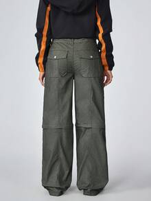 女式休闲低腰直筒可拆卸牛仔裤 - 軍綠色 - 查看 3