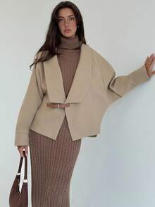 Aloruh 秋冬女士时尚短款插肩袖休闲外套 - 棕色 - 查看 1