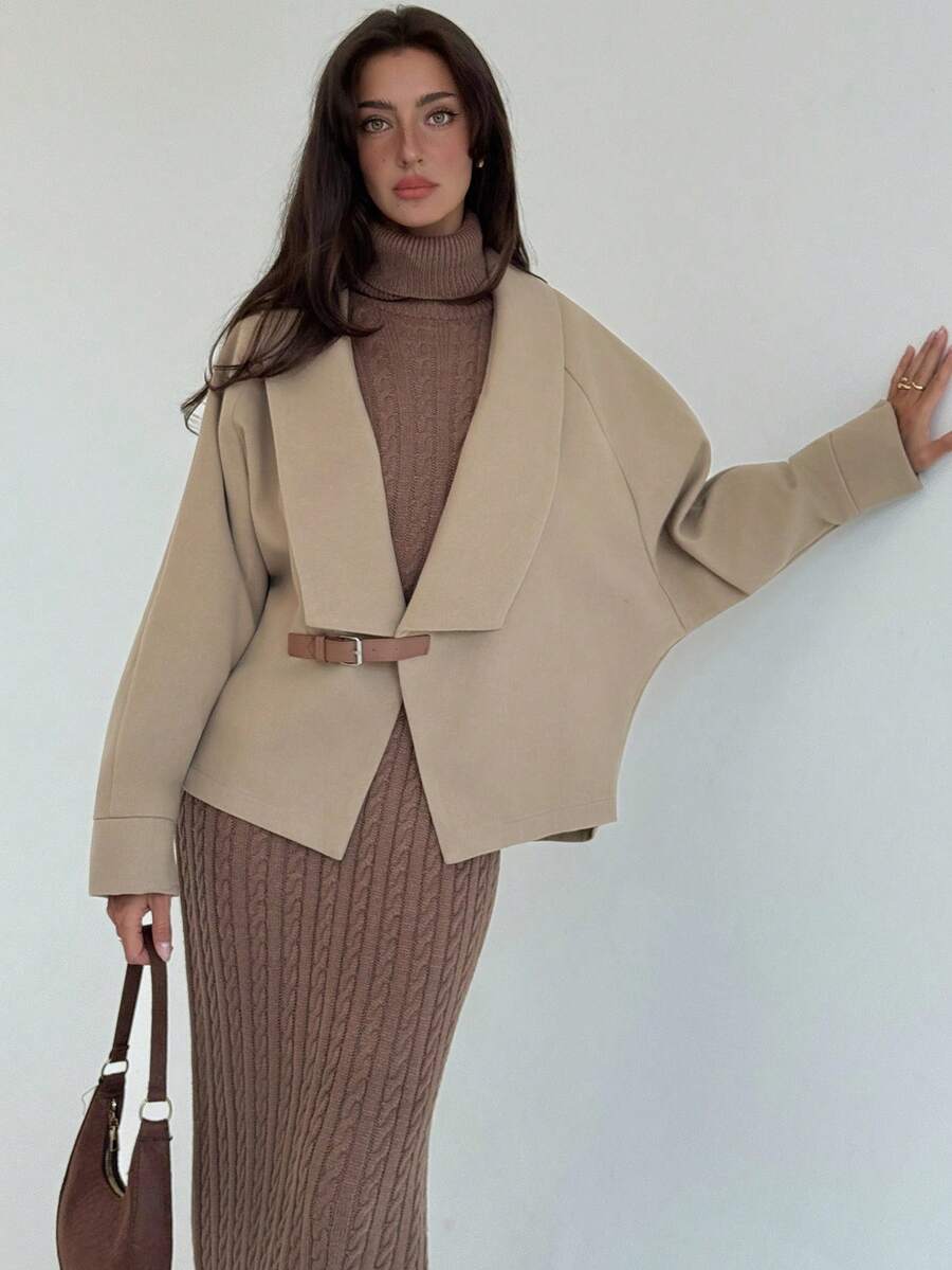 Aloruh 秋冬女士时尚短款插肩袖休闲外套 - 棕色 - 查看 1