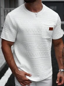 Manfinity CasualCool 男士复古几何提花纯色 T 恤左胸口袋带有徽标，休闲度假派对约会办公室家居户外多功能，是送给男朋友或丈夫的最佳礼物 - 白色 - 查看 3