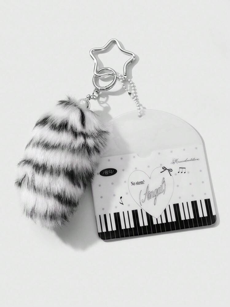 ROMWE Grunge Punk 1 件 Y2K 风格简约复古别致高品质黑白渐变仿皮草动物尾巴横向 PVC 卡夹，带有脉动音符、钢琴键、心形装饰，适合办公室职员、学生、日常穿着、节日礼物 - 黑與白 - 查看 3