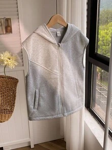 Tween 女童纯色拉链领无袖连帽运动衫 - 灰色 - 查看 1