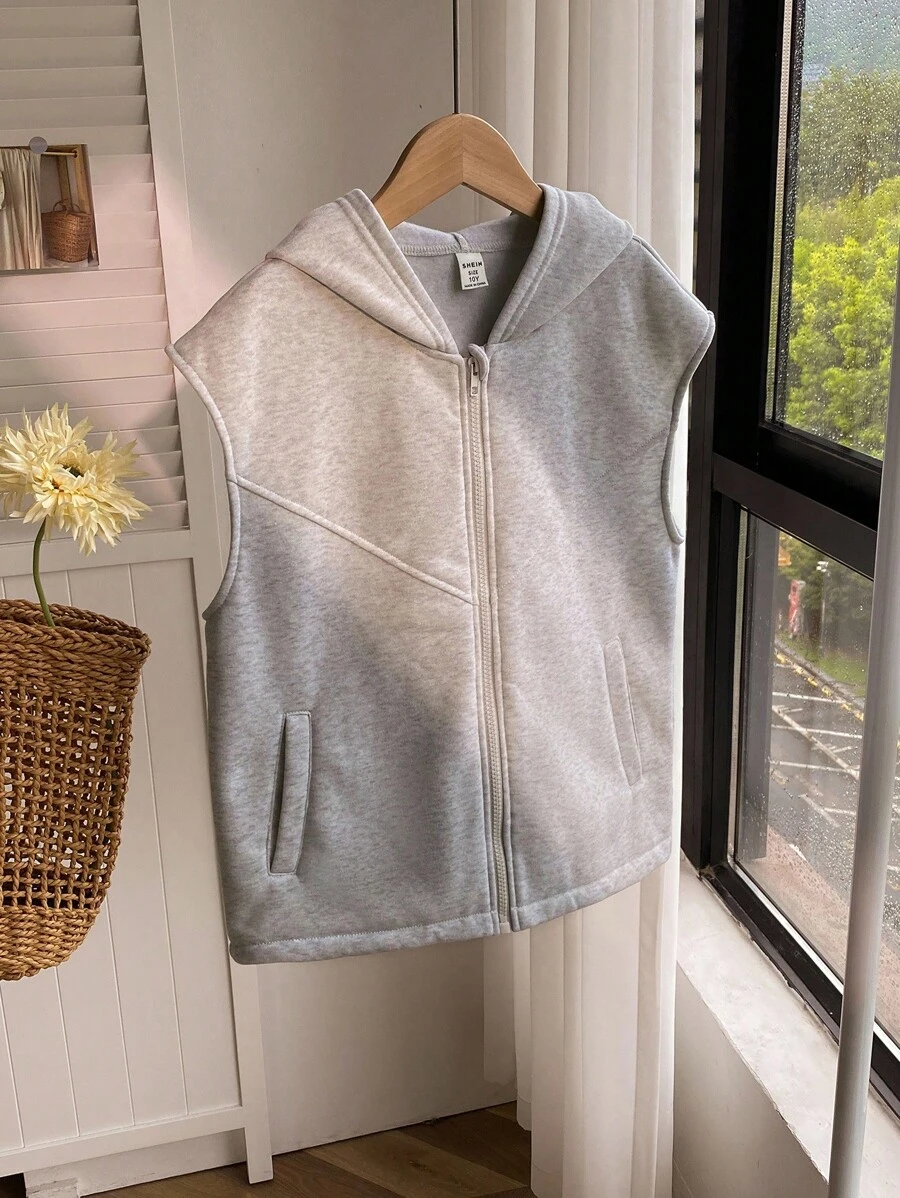 Tween 女童纯色拉链领无袖连帽运动衫 - 灰色 - 查看 1