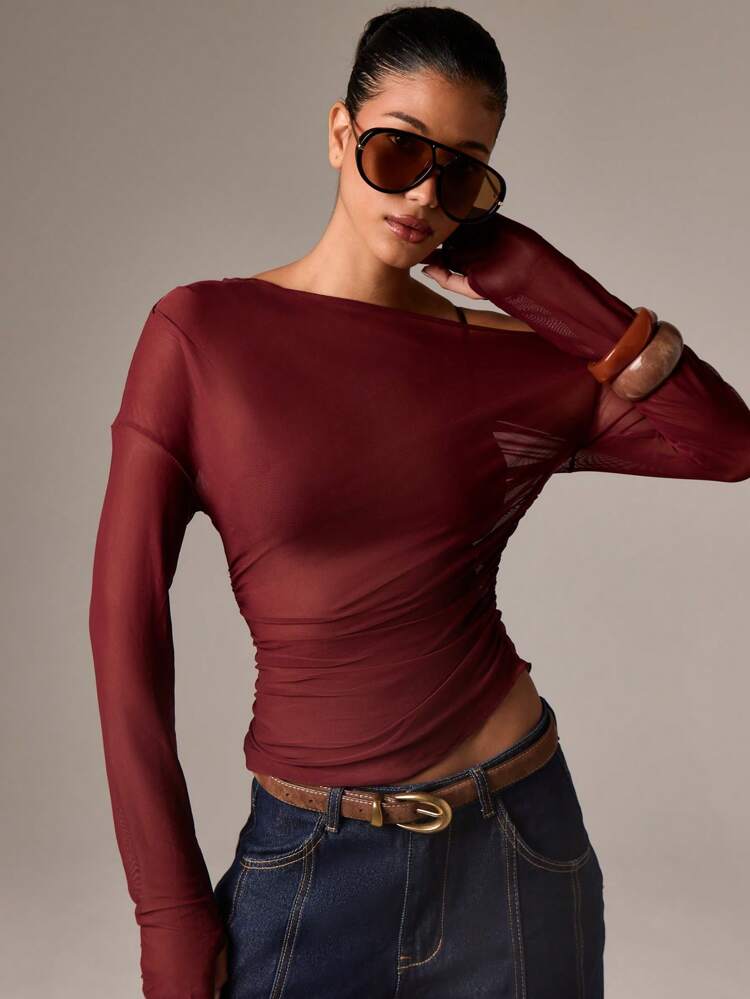 Sheer Mesh Off Shoulder Ruched Long Sleeve Top