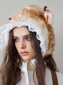 ROMWE Kawaii 1 pieza Sombrero de estilo Mori Girl con orejas de ciervo de peluche falso y encaje, sombrero con adorno de encaje, sombrero grueso y cálido para protección de orejas en invierno