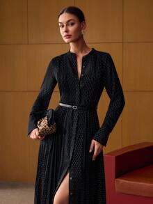 MOTF PREMIUM ALLOVER PRINT PLEATED BELTED DRESS - Black - View 5