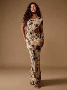 MISSGUIDED One Sleeve Cut Out Maxi Dress Long Sleeve Mesh Abstract Print Form Fitting Evening Party Floor Length Ruched Waist Side Cutout - Multicolor - View 5