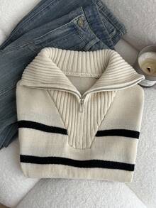 SHEIN 少女黑白条纹休闲学院风海军蓝领套头长袖毛衣上衣，适合秋冬季节，干净女孩，返校季 - 黑與白 - 查看 4