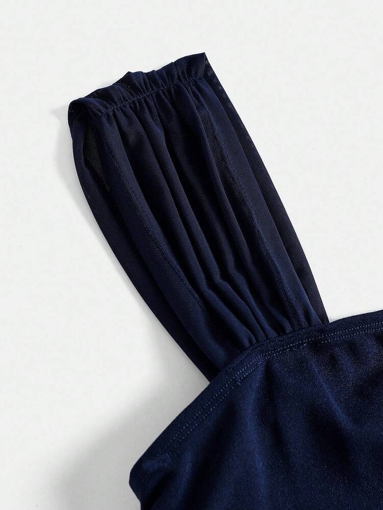 SHEIN Girlism Teenager Mädchen ärmelloses A-Linien Kleid mit geraffter Büste und Schultern, marineblau, elegant - marineblau - Übersicht 4