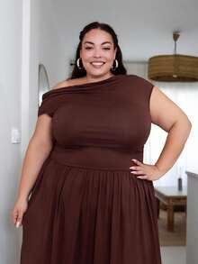 Pretty and Ole 大码女式优雅超级百搭弹力面料黑色或日常穿着、派对、露肩、大码女式、A 级连衣裙、女士生日连衣裙 - 咖啡棕 - 查看 5