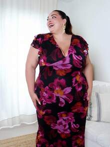 大码女式优雅大号花卉网眼印花紧身 V 领连衣裙，长款，合身，修饰手臂，适合日常、郊游、约会、下午茶、度假、春夏季、返校季女士连衣裙优雅女士正装、女士生日连衣裙 - 黑色 - 查看 6