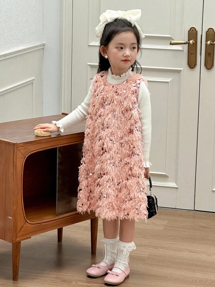 Young Girls Round Neck Sequin & Feather Decor Party Birthday Mid-Length Dress Young Girl Sleeveless Party Dress Pink