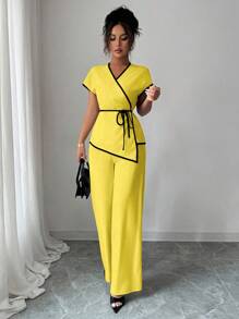 Elenzga 女式不对称下摆蝙蝠袖上衣和阔腿裤时尚两件套 - 黃色 - 查看 6
