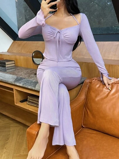 女士休闲 Y2K 紫色睡衣套装，秋季服装，舒适服装