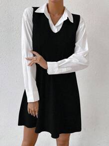 SHEIN LUNE 1pc V Neck Sweater Dress Without Blouse - Black - View 5